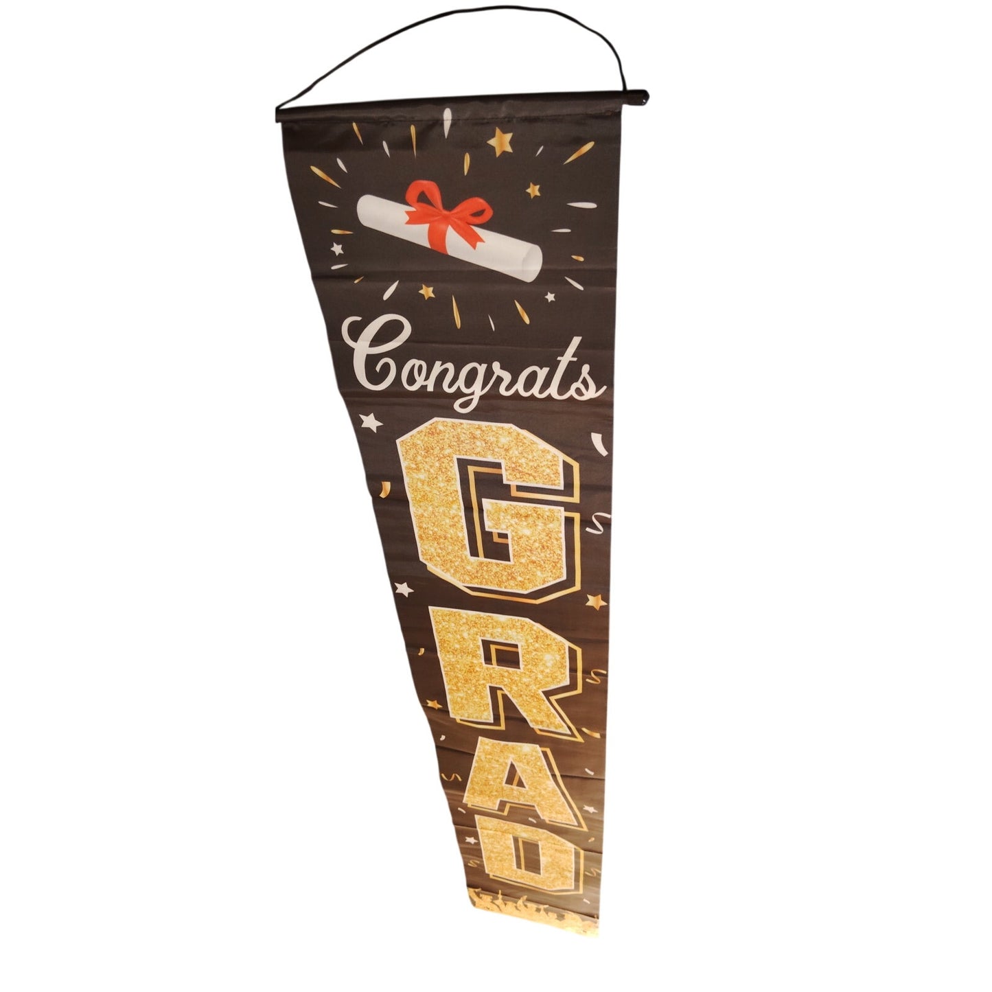Congrats Grad Vertical Banner Gold Hanging Porch Or Wall Signage 72 in ×12 in