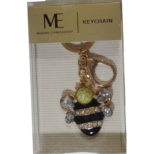 ME Modern Expressions Keychain, 3D Bee Bug Charm, Rhinestone & Enamel, Gold Tone
