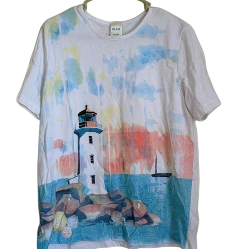Blair Lighthouse Coastal Watercolor Graphic T-Shirt White Blue Size L