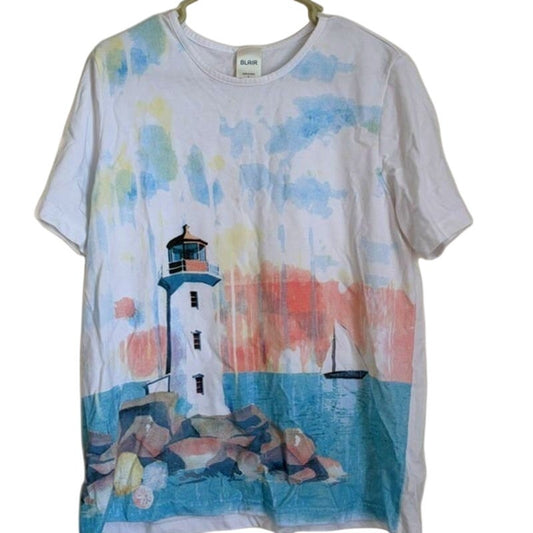 Blair Lighthouse Coastal Watercolor Graphic T-Shirt White Blue Size L