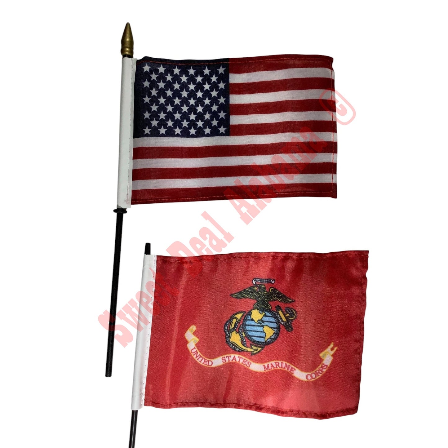 6-PK Flags, U.S. Flag (1) & USMC Flags (5)- 6"W x 4"H on 11" Black Plastic Staff