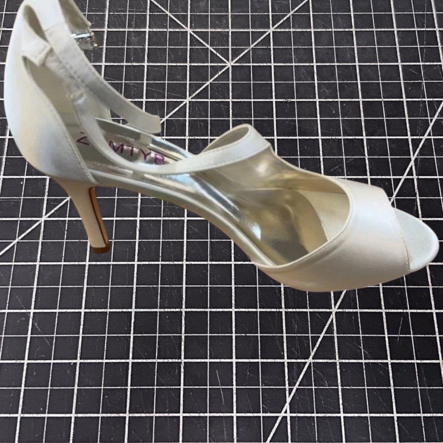 White Satin Oblique Strap Dress Heels – Bridal Party – 3.5" Heel – Size 10