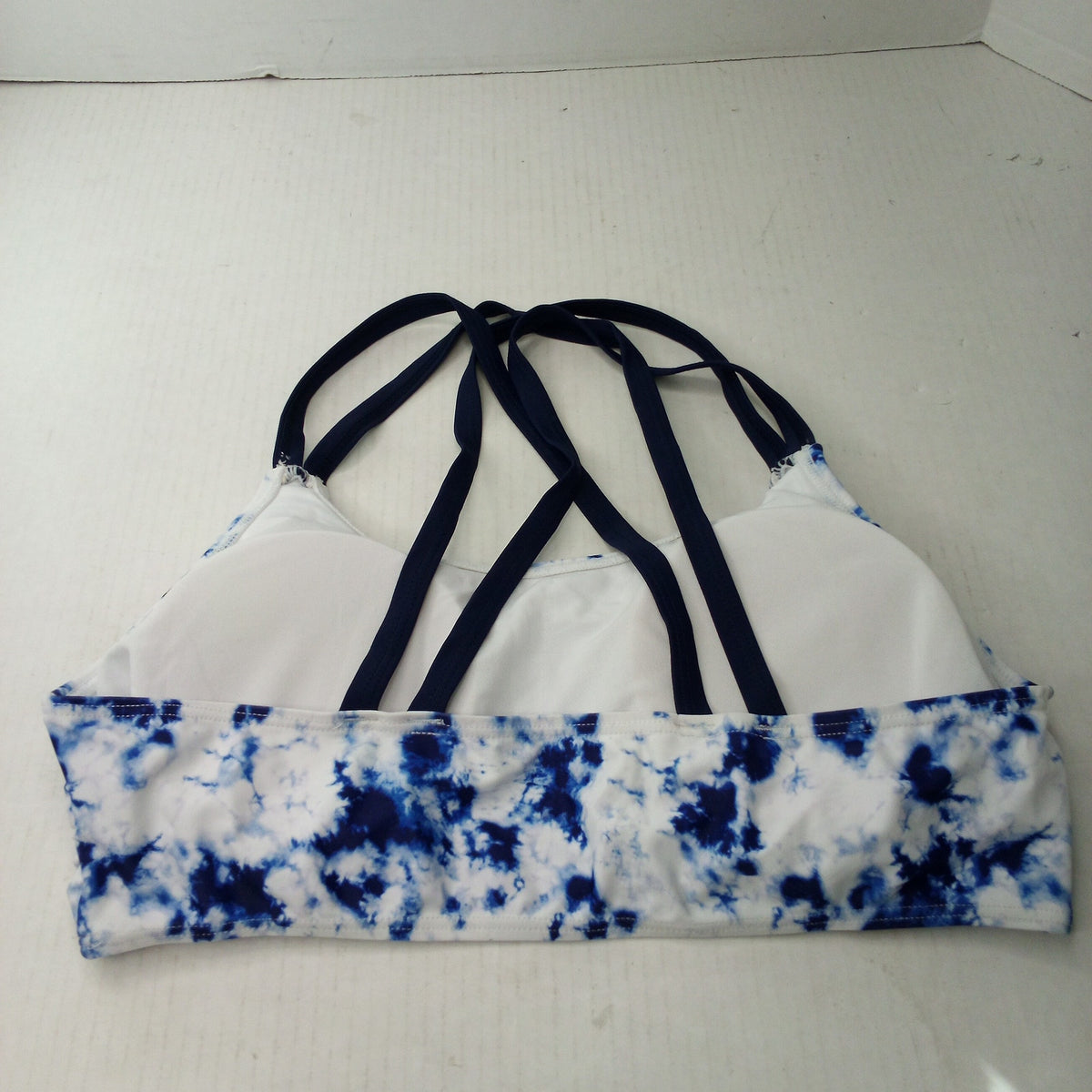 Women's Blue White Tie-Dye Bikini Top Size L Strappy Crisscross Back Swimwear