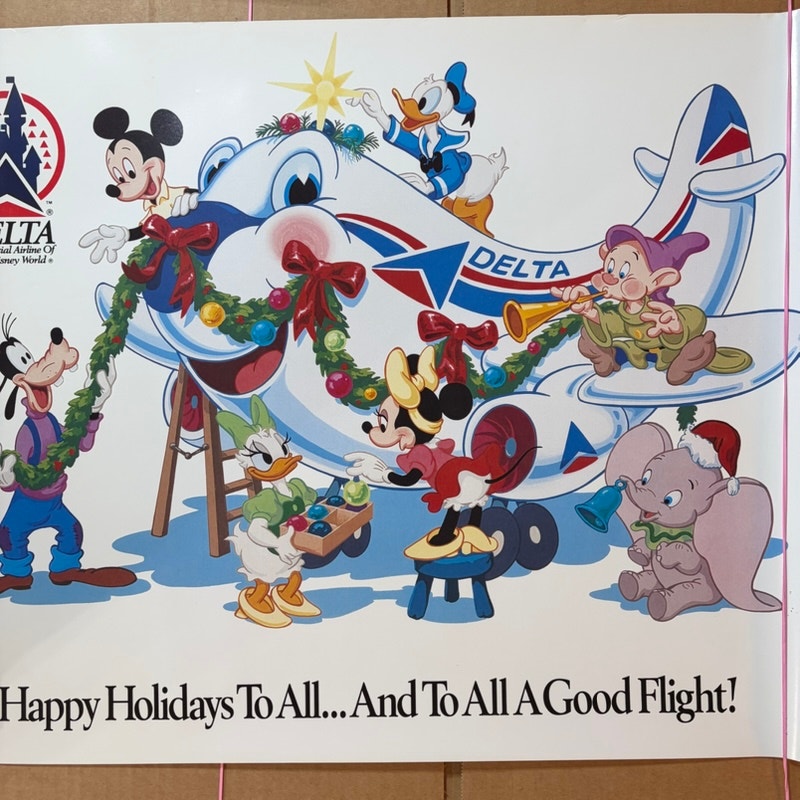 VTG 1970/80's Disney Delta Airlines Holiday Poster Mickey Mouse Dumbo 25"x17.5"