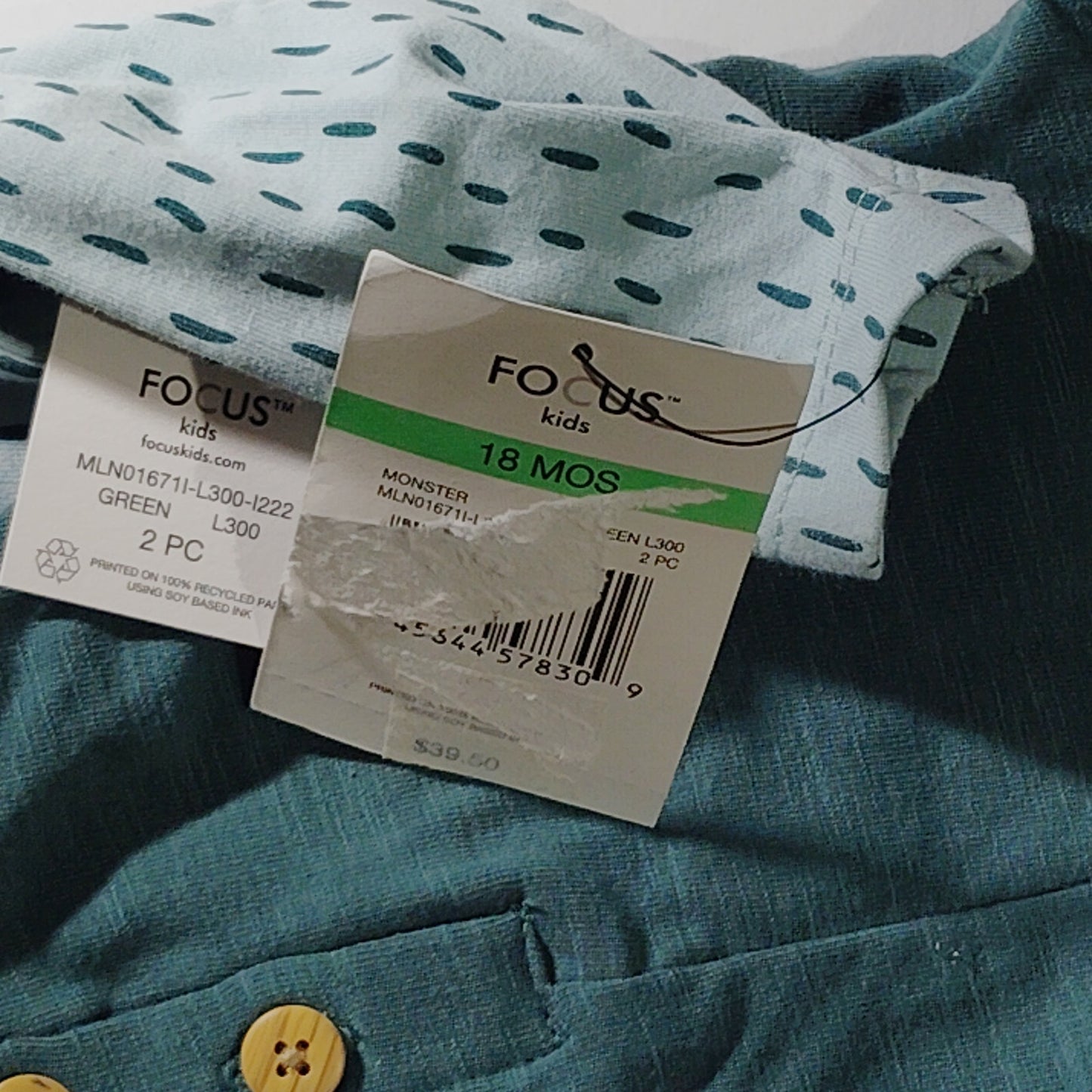 Focus Kids Organic Cotton Patterned Salopet and Bodysuit Set Green 18M