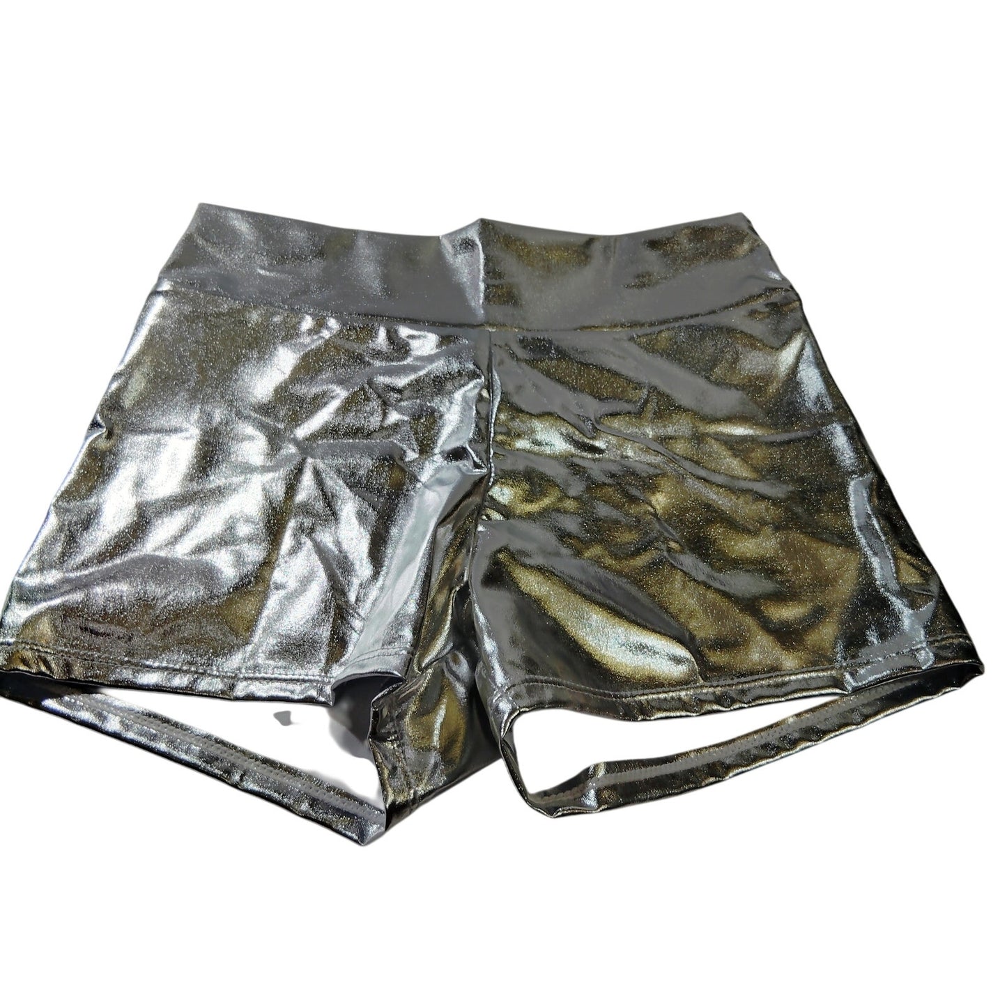 Metallic Silver High‑Shine Shorts – XS – 82/18 Poly/Elastane – 3" Inseam – NWOT