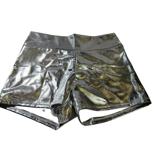 Metallic Silver High‑Shine Shorts – XS – 82/18 Poly/Elastane – 3" Inseam – NWOT