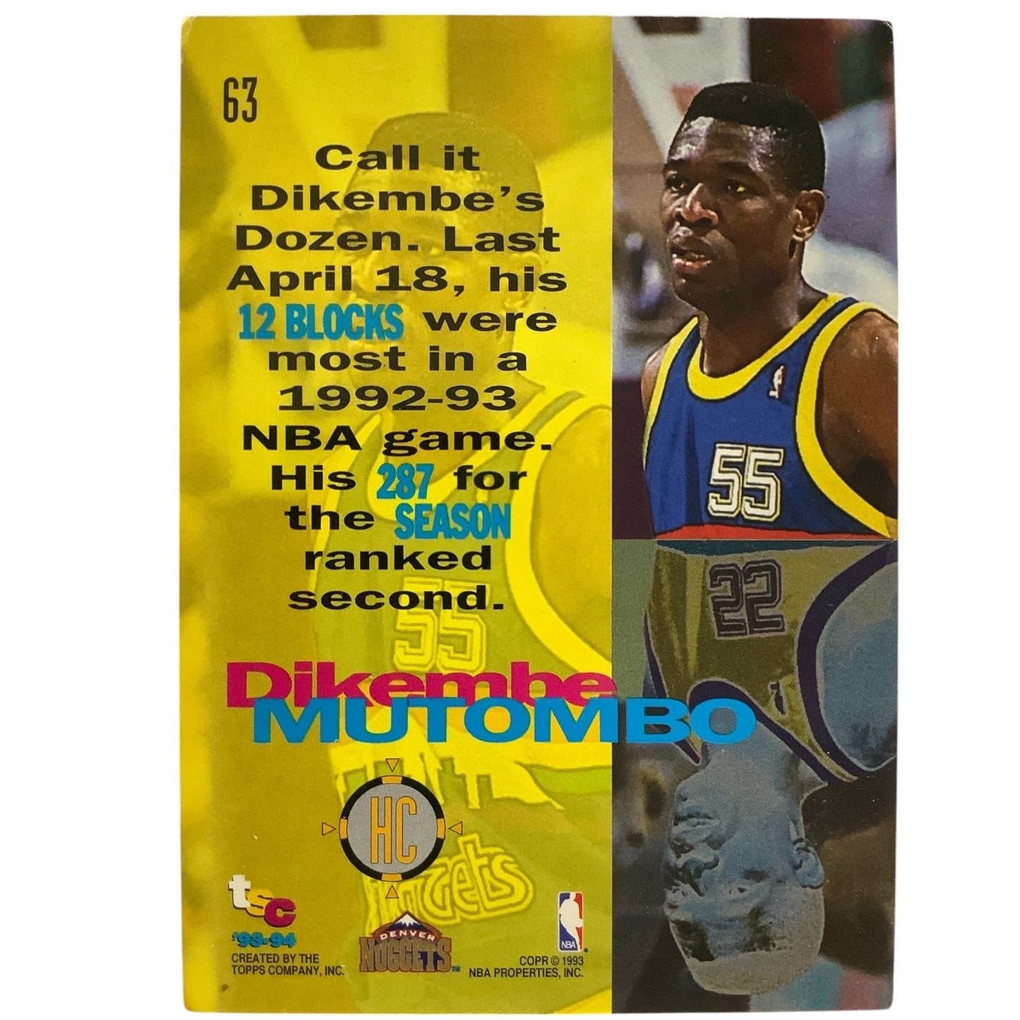 Dikembe Mutombo, Denver Nuggets, 1993 Topps Stadium Club High Court Card 63, EXC