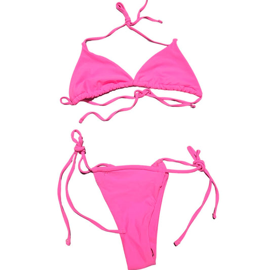 2-Piece Bikini Set, Halter Triangle Bra & Tie Side Thongs Swimsuit Pink X-Small