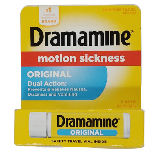 Dramamine Motion Sickness Relief – Original Formula 12 Tabs Vial – Exp. 11/2026