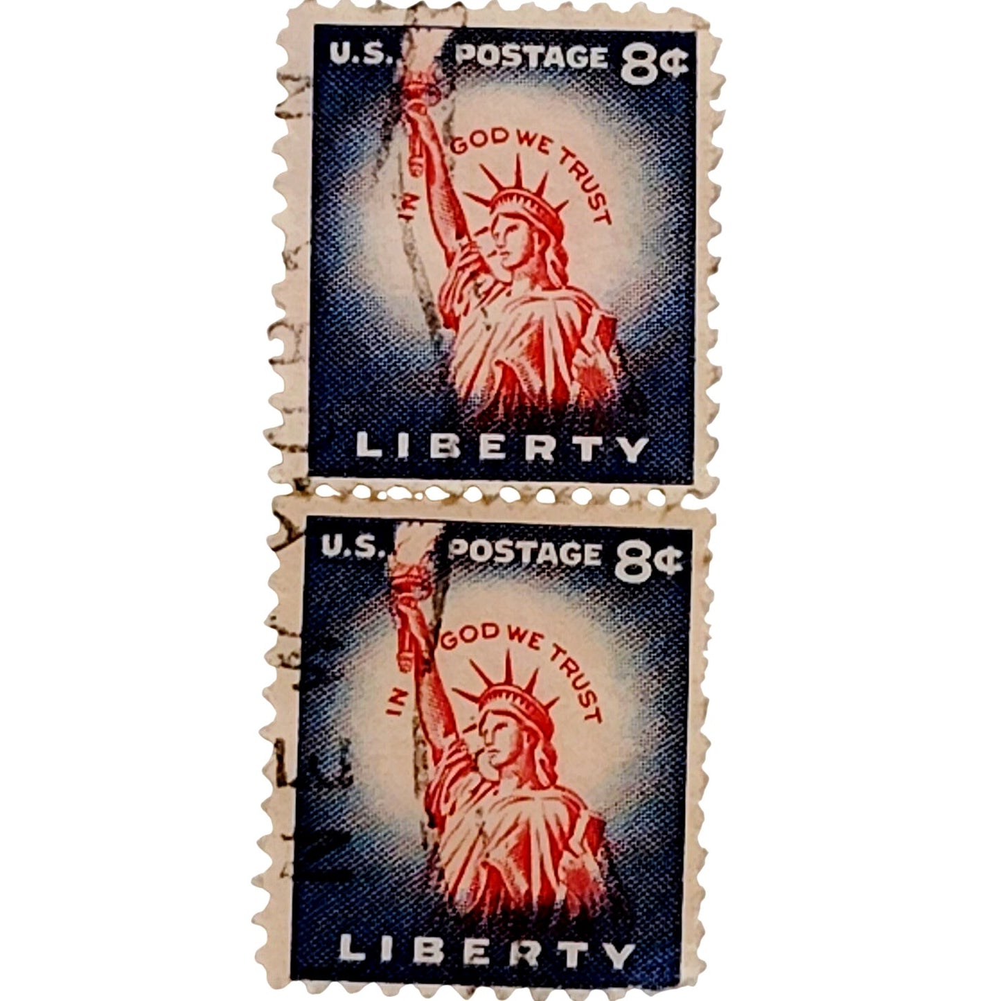 Vertical Pair – 1954 USA 8¢ Statue of Liberty Scott 1042 – Liberty Series - Canceled