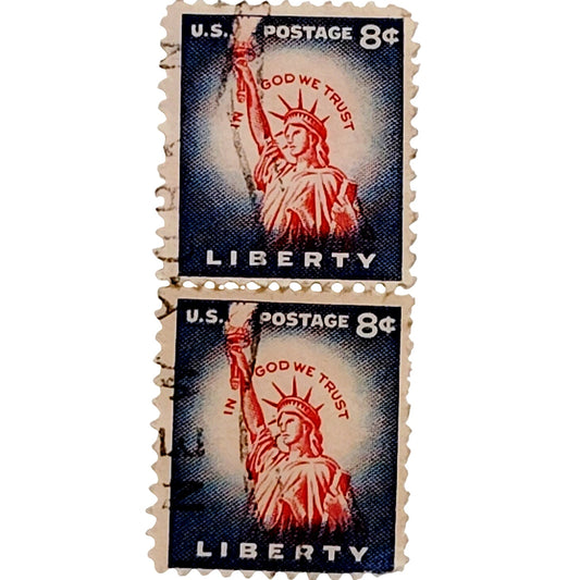 Vertical Pair – 1954 USA 8¢ Statue of Liberty Scott 1042 – Liberty Series - Canceled