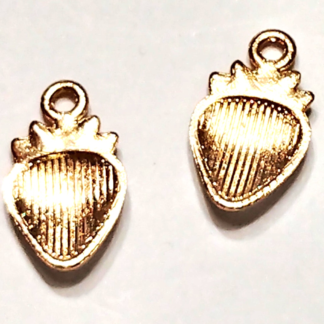 Strawberry Charms Pair Gold‑Tone Pink Enamel 5/8" (16.8×10 mm) Jewelry Making