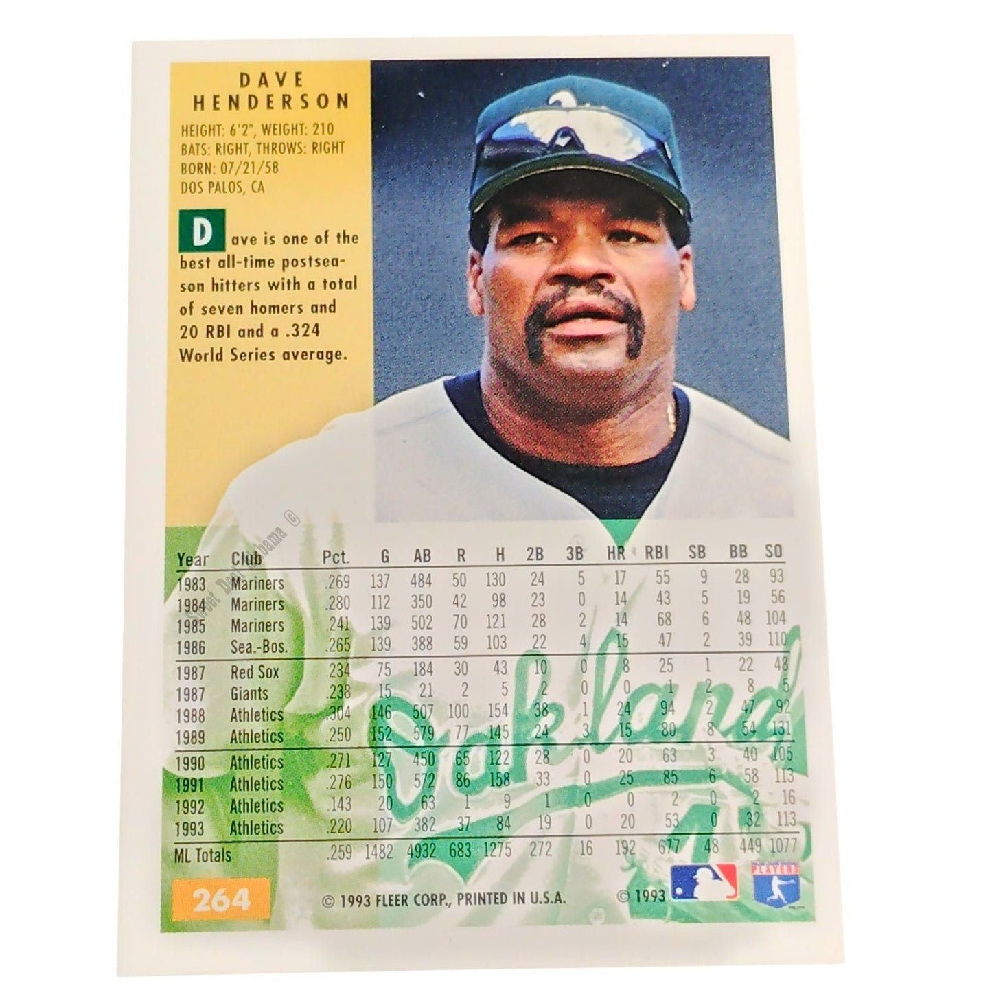 Dave Henderson, Oakland Athletics (A's), #264 1994 Fleer Baseball Card