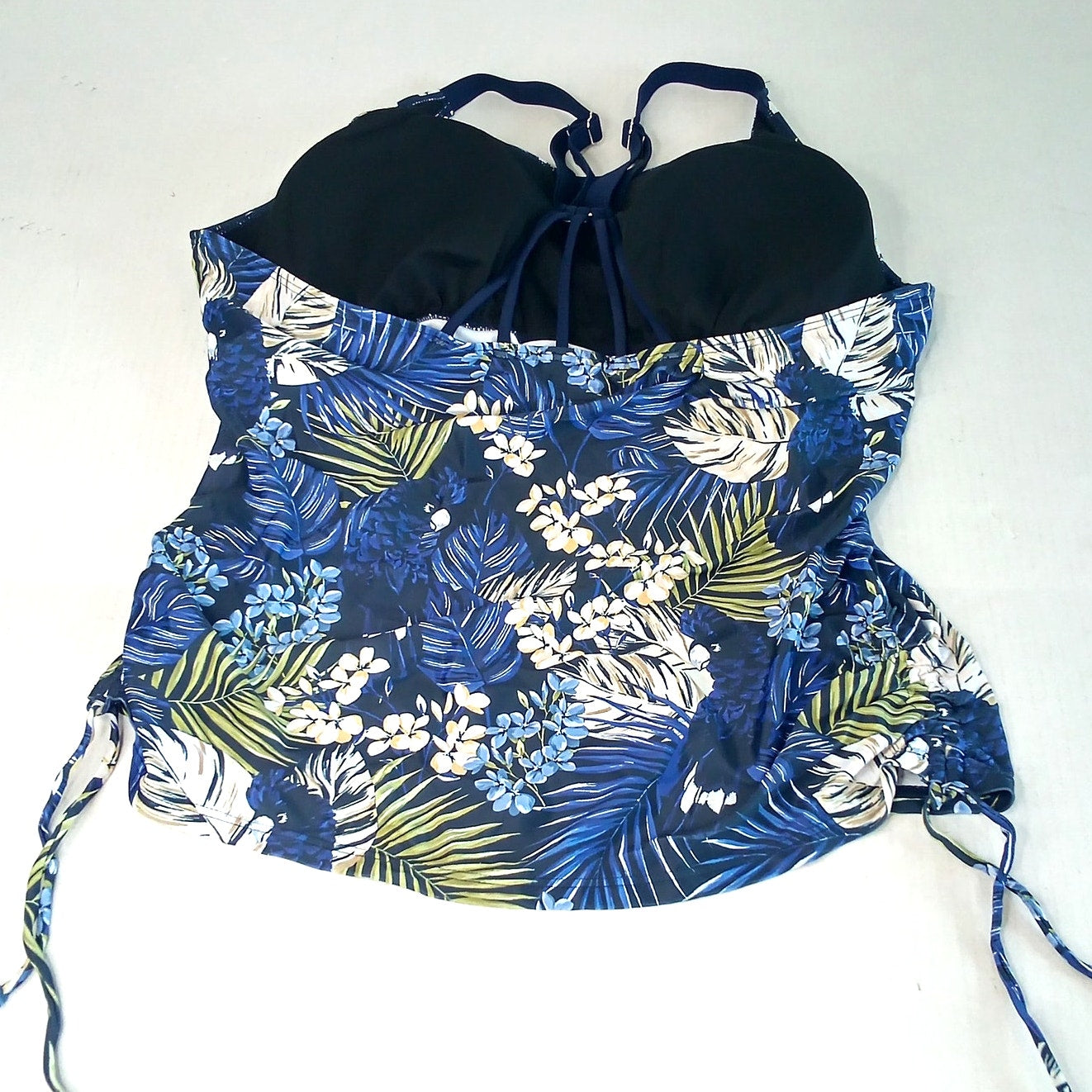 Jasambac Dark Blue Palm Leaves Tankini Top Scoop Neck Ruched Women’s 2XL