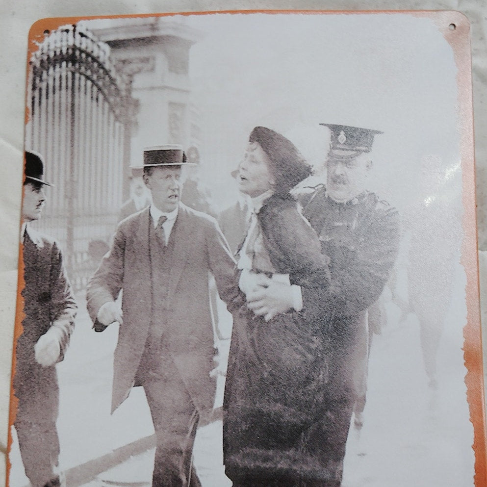 Emmeline Pankhurst Arrested 12x8 Retro Tin Sign – Suffragette Protest Wall Art – Feminist History