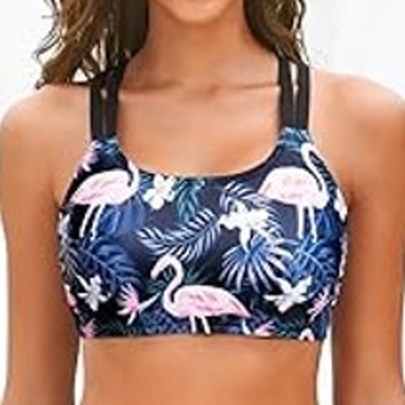 Yonique Black Flamingo Sports Bra Swim Top Crossback Scoop Neck L Padded