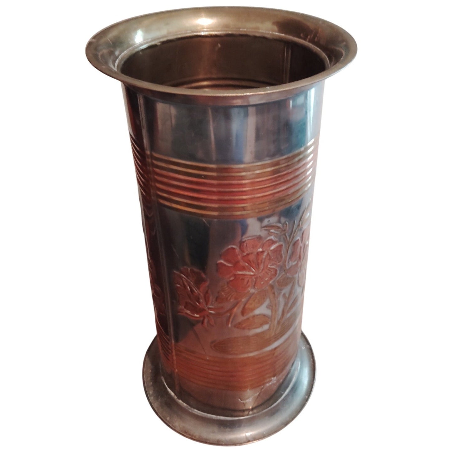 Vintage Embossed Brass and Copper Metal Umbrella Stand, India 20th Century