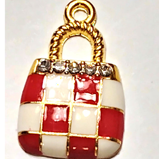 Red Checkered Purse Charm Enamel Gold‑Tone with Rhinestones 5/8" Pendant