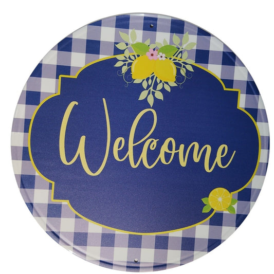 11.75" Round Tin Sign – “Welcome” Lemons & Blossoms – Blue Gingham Farmhouse Style