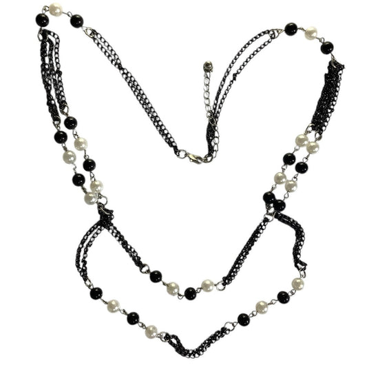 Elegant Loft Necklace Double Strand, Black & White Beads, Black Chain