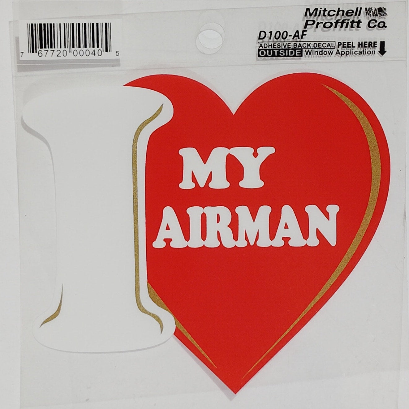 Vinyl Decal - “I Love My Airman” Apply Outside Glass – 5" x 4.5" – Adhesive Back