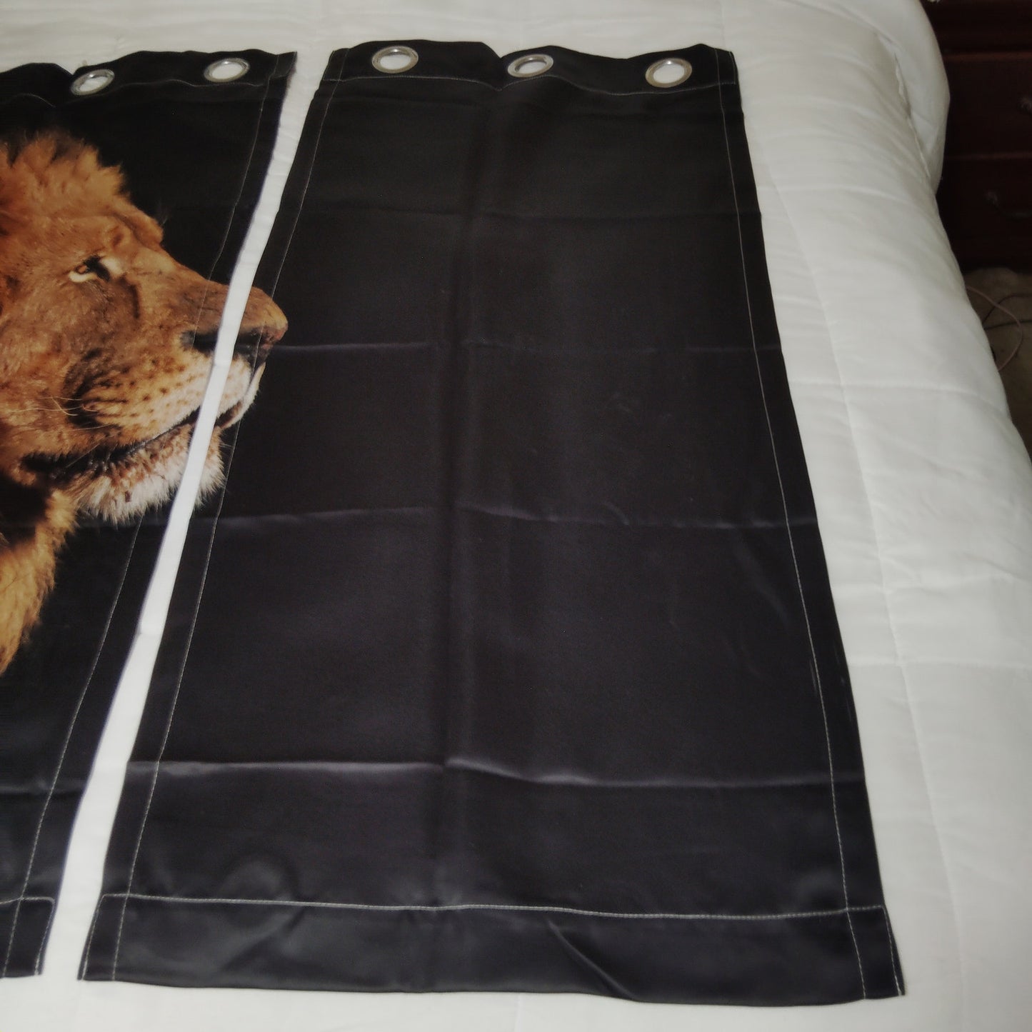 2 Panels Lion Graphic Curtains On Black Background, 42"W x 40"L (Excludes Rings)