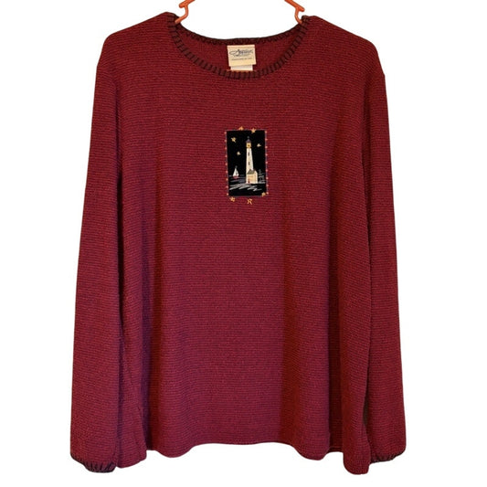 Vintage Artisans Maroon Knit Sweater Lighthouse Patch L - Ribbed Crew Neck