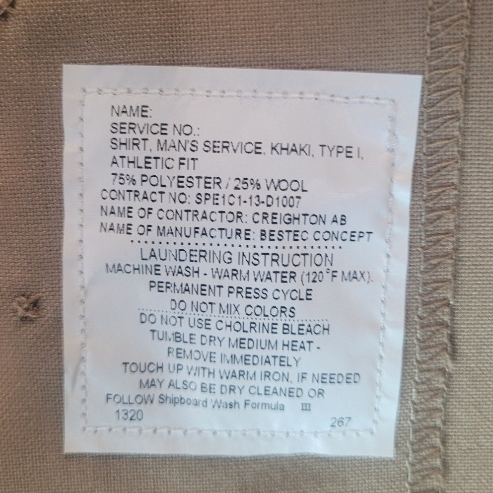 U.S. Military Service Khaki Shirt – Athletic Fit, Small, Poly/Wool Blend