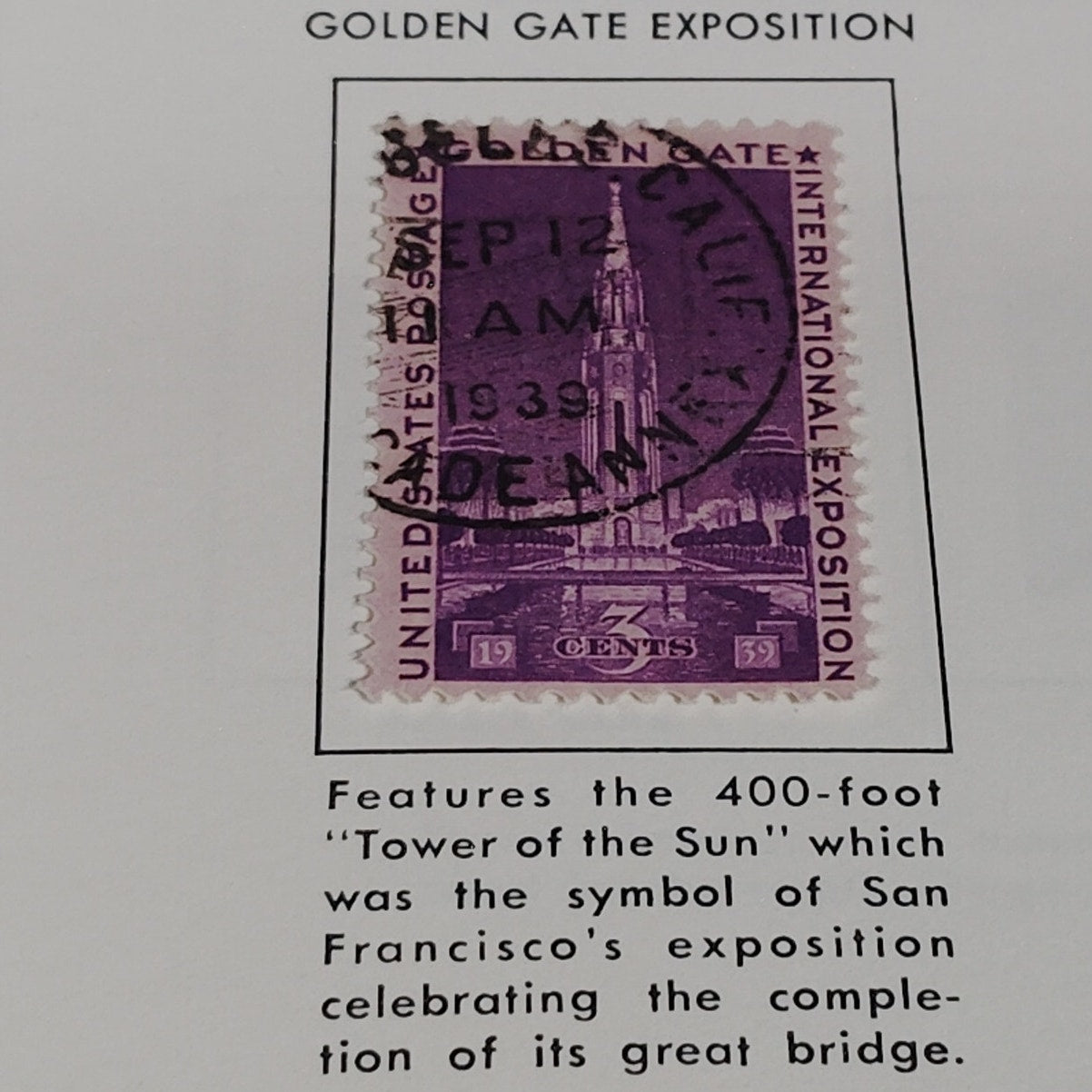 1939 3¢ Golden Gate Exposition Stamp – Scott 852 – Tower of the Sun – Canceled