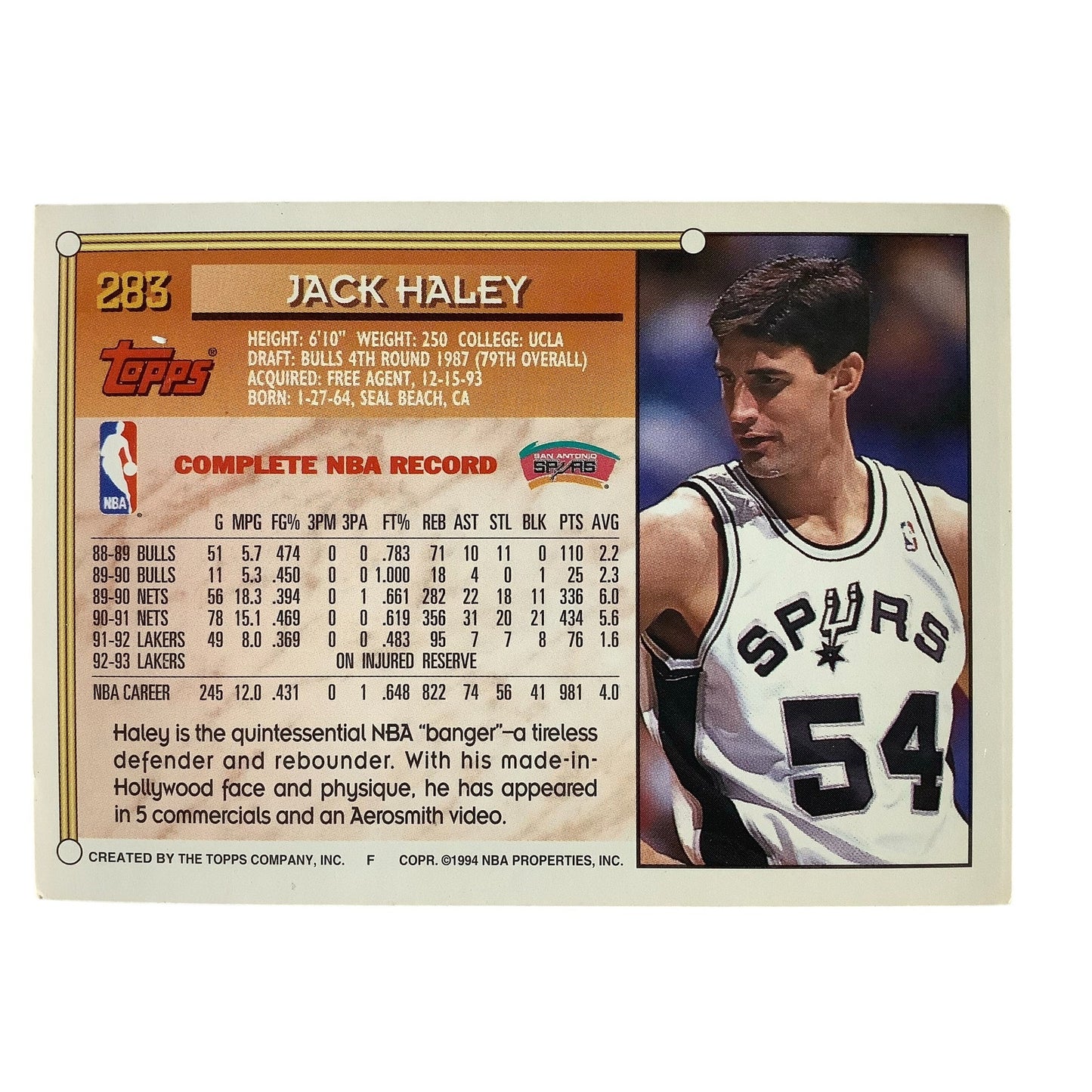 Jack Haley, San Antonio Spurs, 1994 Topps Gold Card 283, EXC