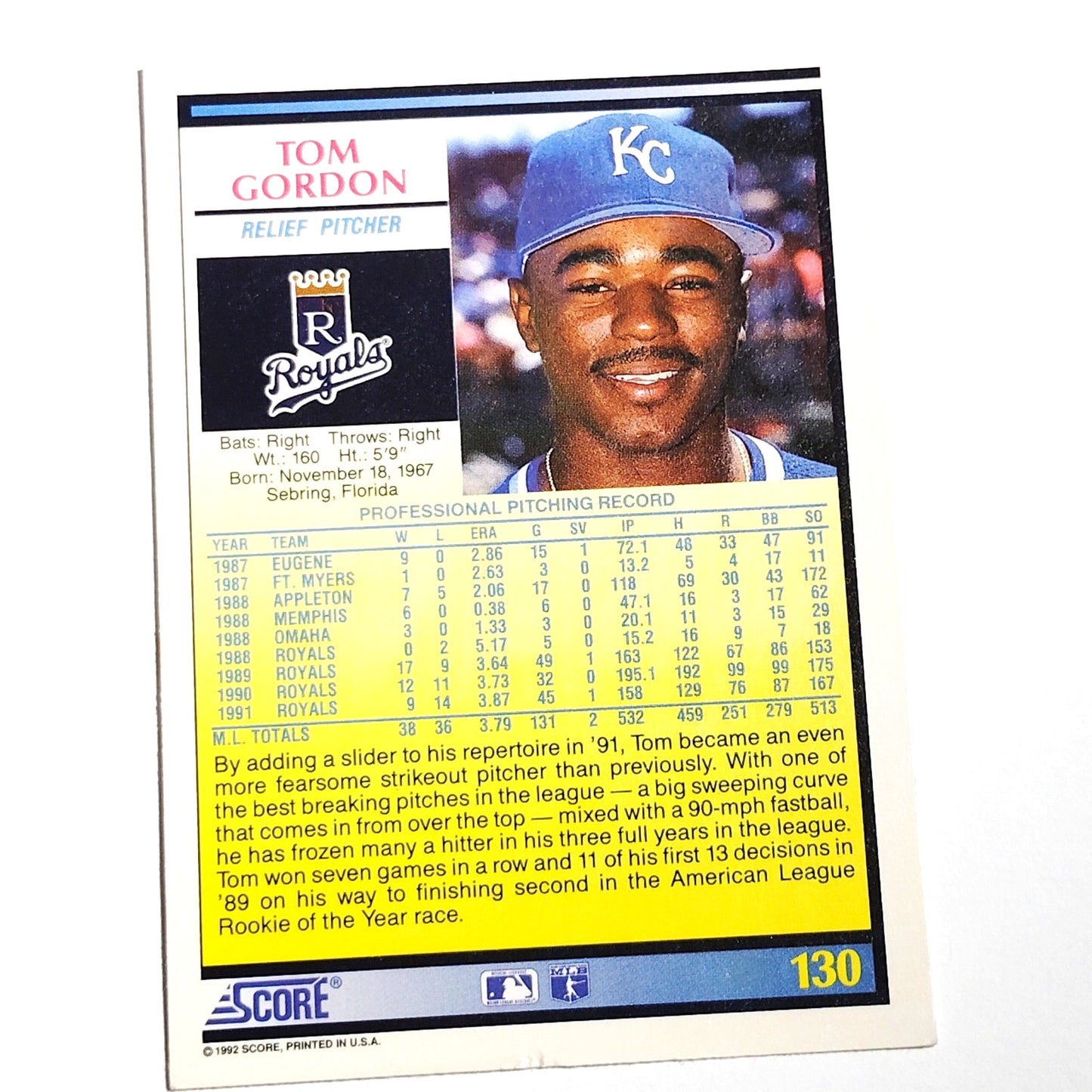 1992 Score Tom Gordon #130 Kansas City Royals Relief Pitcher MLB Baseball NM