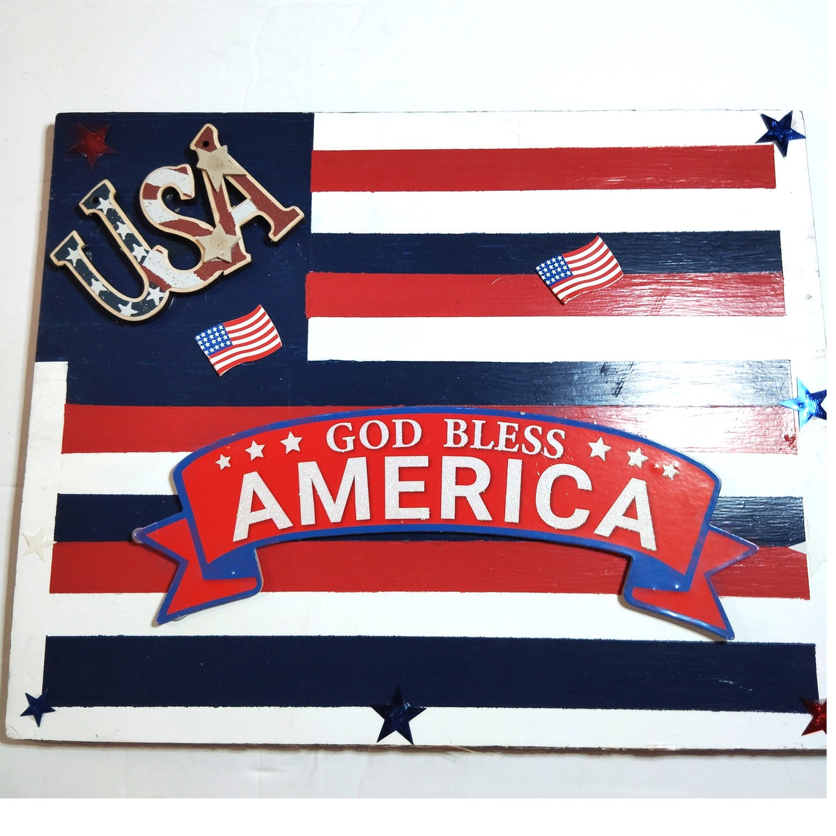 Handmade God Bless America USA Wooden Patriotic Wall Plaque 17.5x14 Red Blue