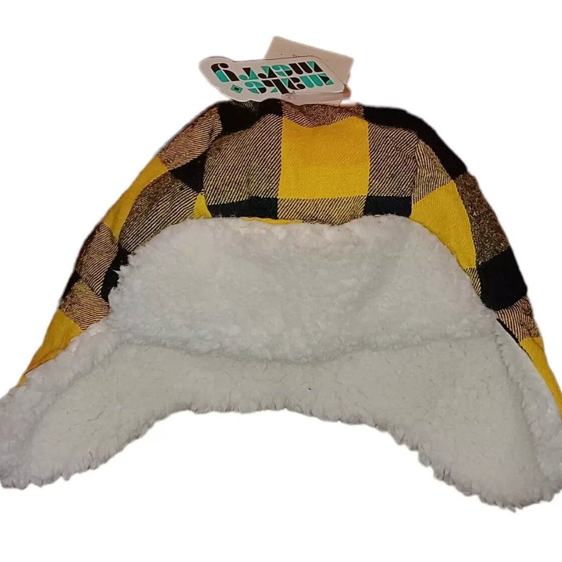 Tucker + Tate Faux Fur Flight Hat – Yellow Freesia Buffalo Plaid – Size 0–12M