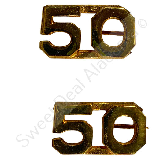 c.1910s Numeric "50", Brass Military C-Clasp Hat / Lapel / Collar Pins Set 3/8"H