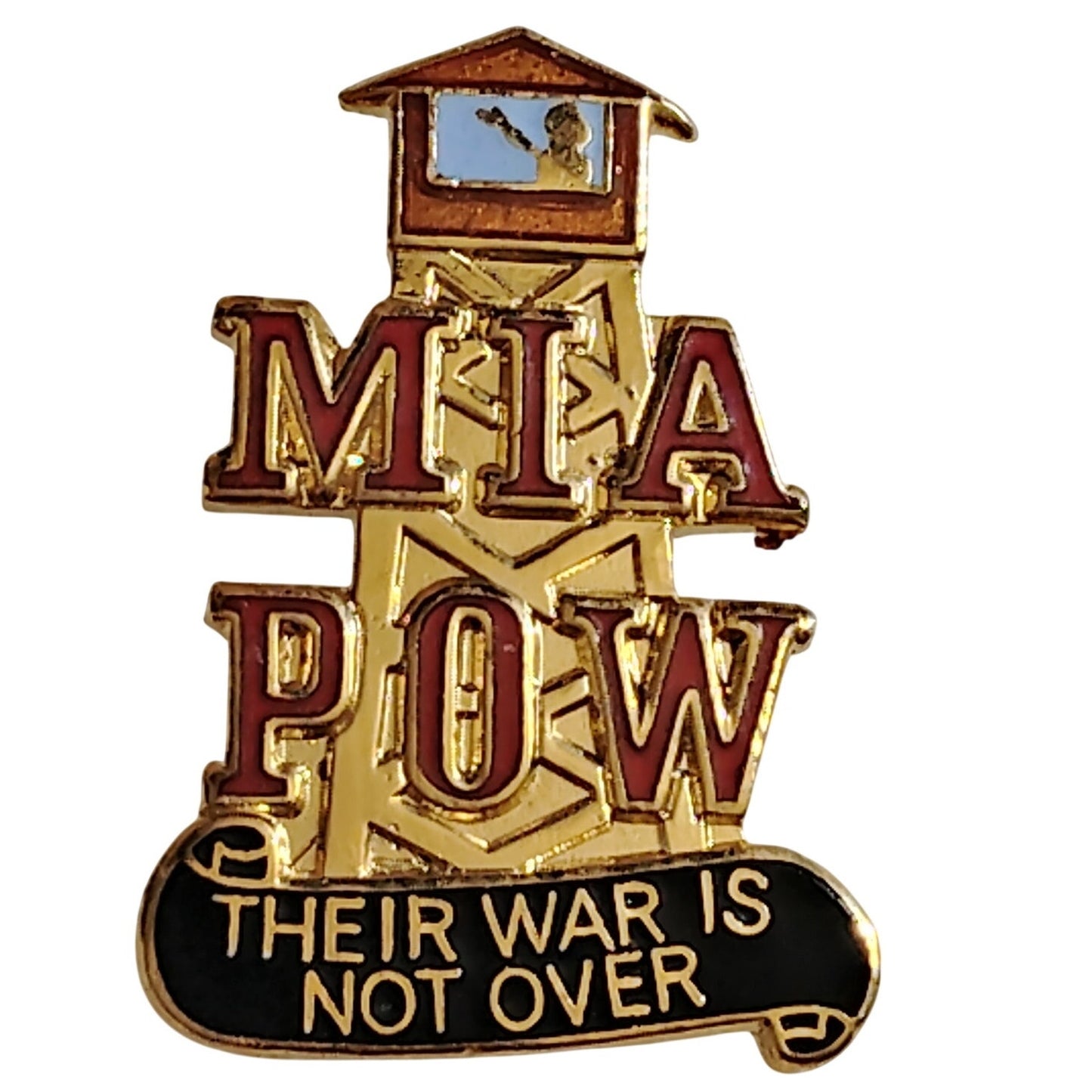 POW/MIA Their War Is Not Over Guard Tower Novelty Hat Lapel Pin, 1‑1/8"H × 3/4"W