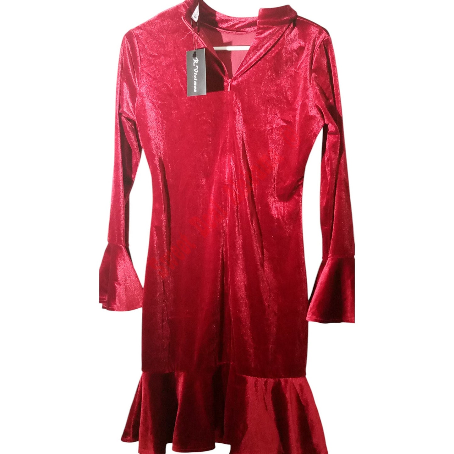 R.Vivimos  Women's Long Sleeve Velvet Ruffled Bodycon Mini Dress, Wine Red, M