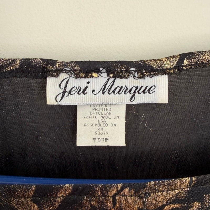 Jeri Marque Vintage Black Gold Metallic Rose Print Long Sleeve Top Medium