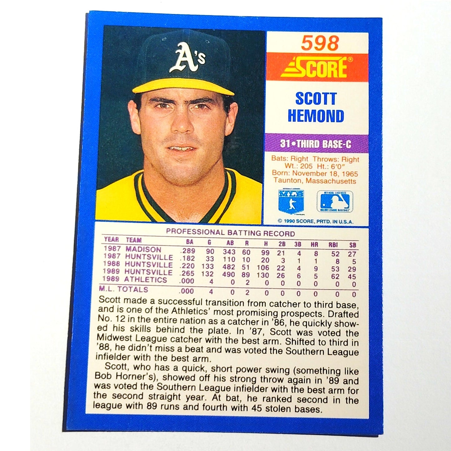 1990 Score Scott Hemond RC #598 Oakland Athletics 3B Catcher Rookie MLB EX