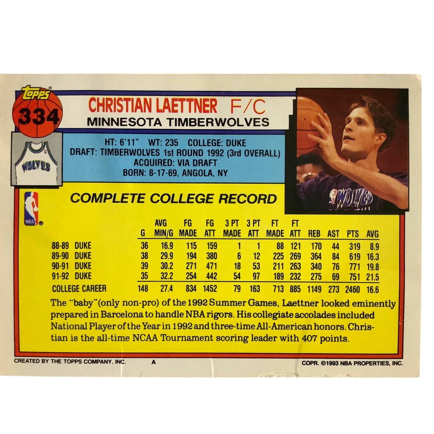 Christian Laettner, Minnesota Timberwolves, 1993 Topps Collector's Card 334, EXC
