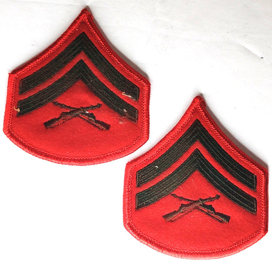 USMC Corporal E‑4 Chevrons Green on Red Female Size 2-7/8" × 3‑1/4" Patch Pair