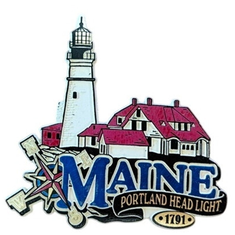 Maine Portland Head Light 3D PVC Fridge Magnet Compass Rose 3.75x3.75