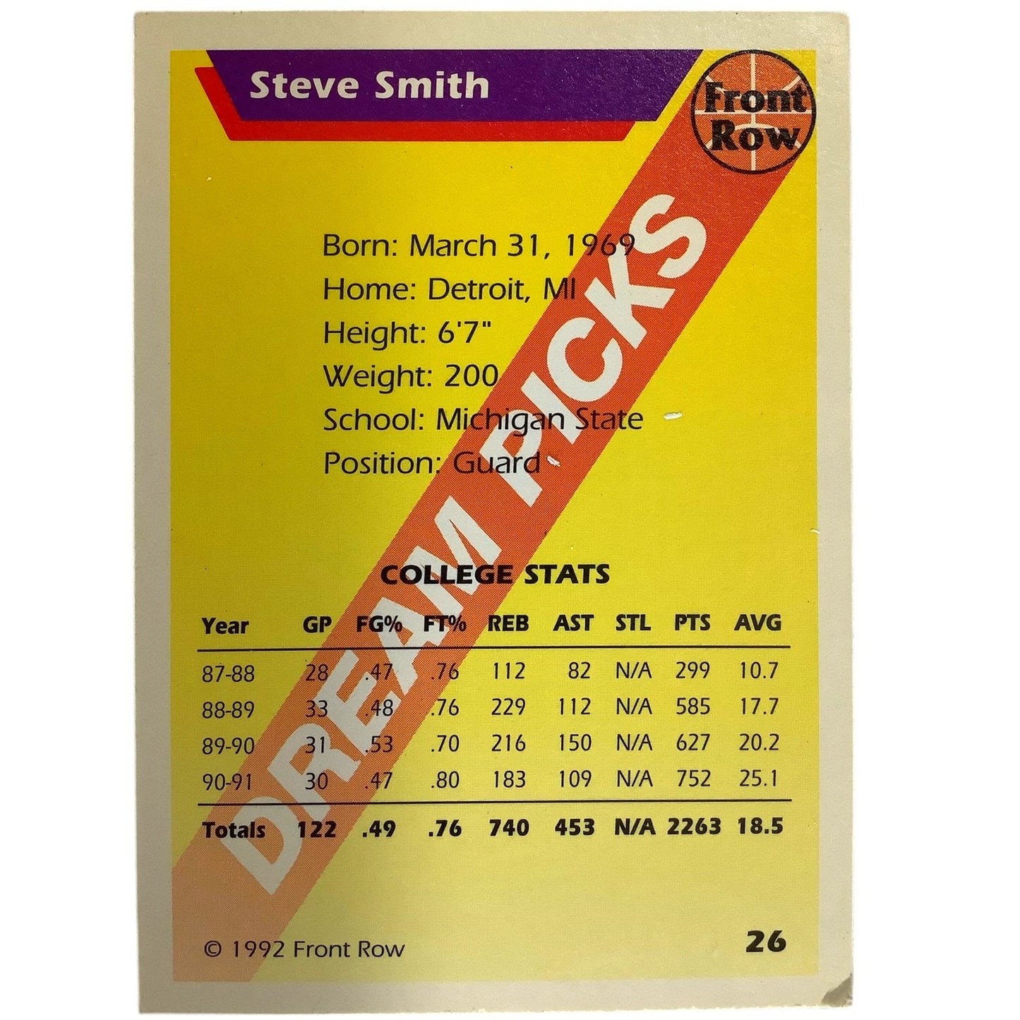 Steve Smith Michigan State, 1992 Front Row Dream Picks Basketball Card 26, EXC