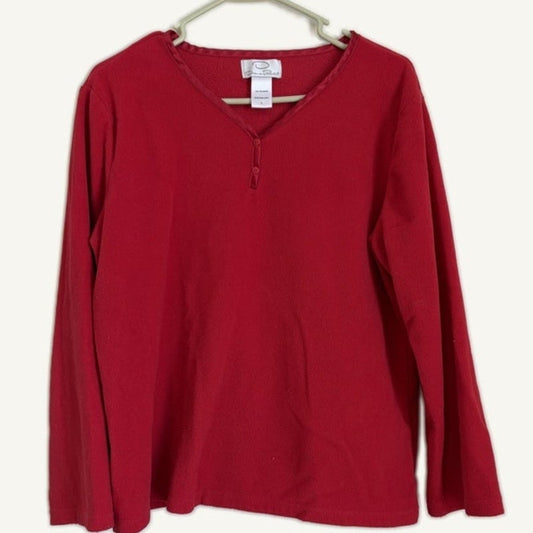 Oscar de la Renta Red Fleece V-Neck Long Sleeve Sleep Top L Women Pajama