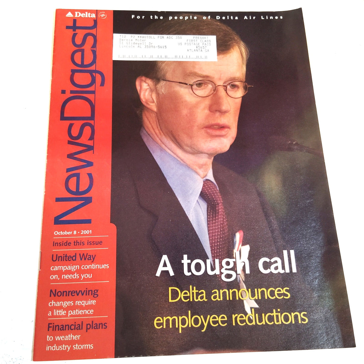 Delta News Digest - Oct 8, 2001 - Employee Reductions Post-9/11 Magazine