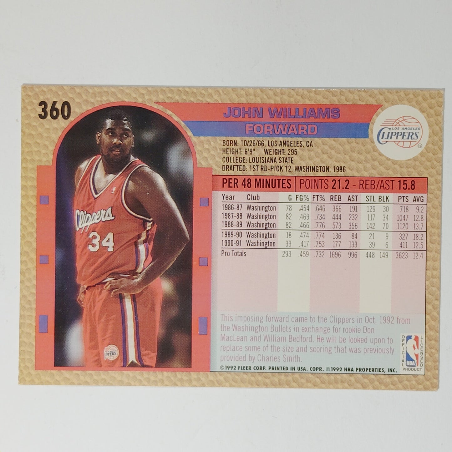 1992–93 Fleer John Williams #360 – Los Angeles Clippers – Forward NBA Card
