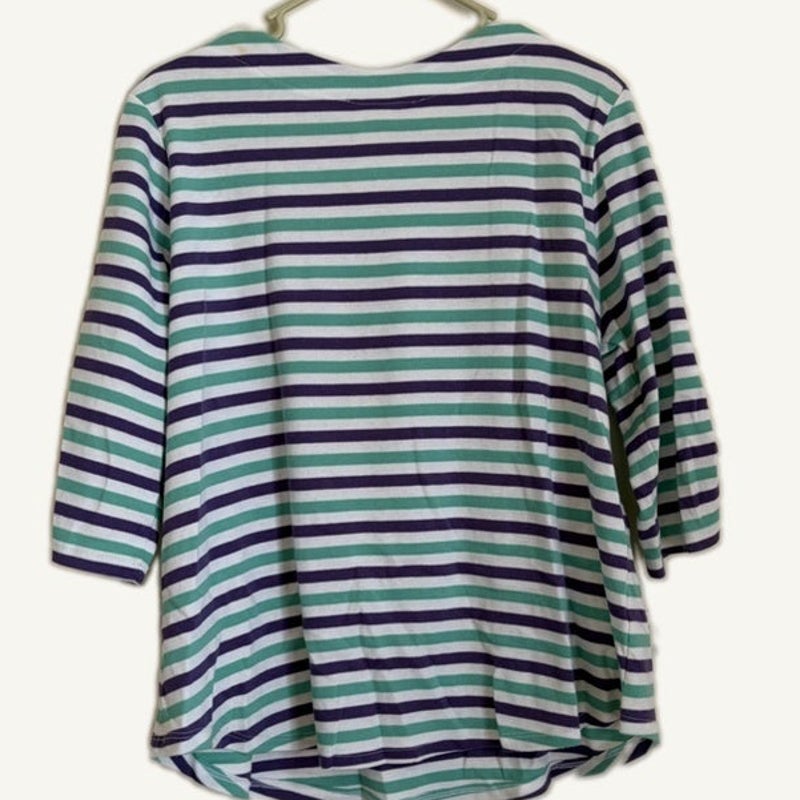 Blair Women's Striped 3/4 Sleeve Lightweight Top Size L White Green Purple