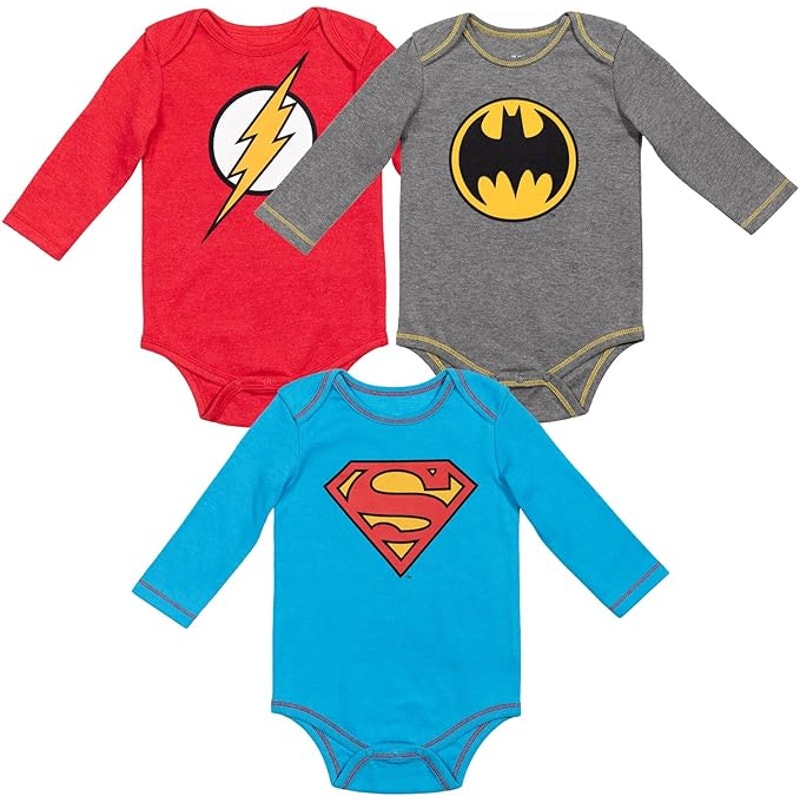Justice League Superman, Batman, and Flash Baby Long Sleeve Bodysuit 3‑Pack 6‑9M