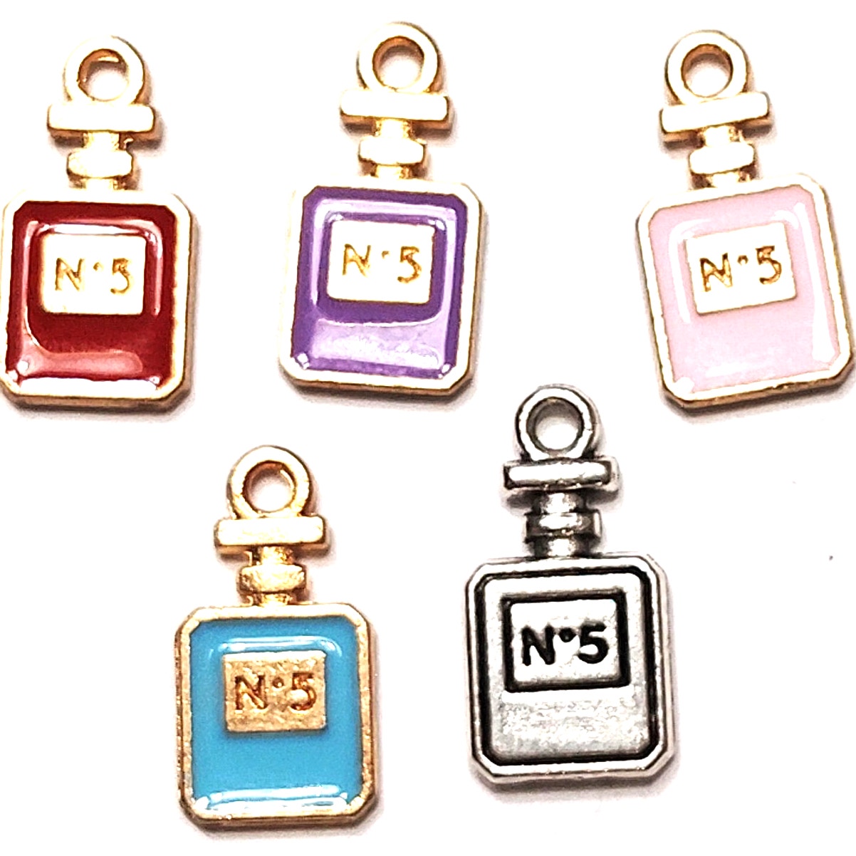 5‑Pack Perfume Bottle Charms Assorted Colors Gold‑Tone Enamel Pendants Jewelry