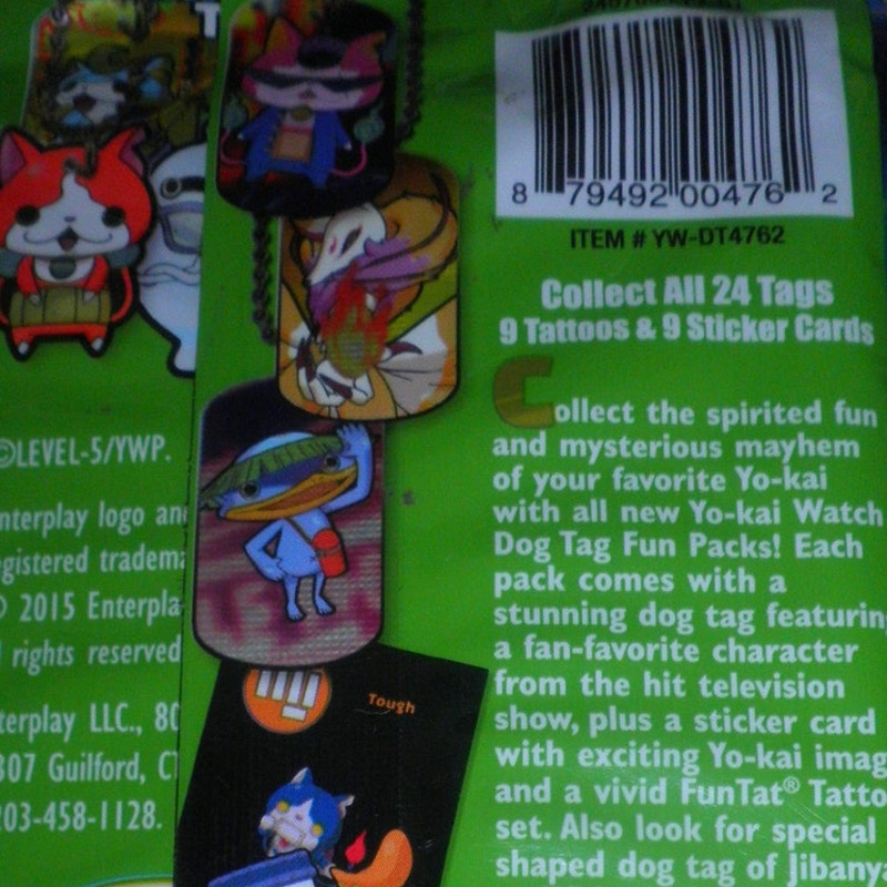 2-PKs, 2015 Yo-Kai Watch Dog Tag Packs - Chain, Tag, Sticker Card, Tattoos